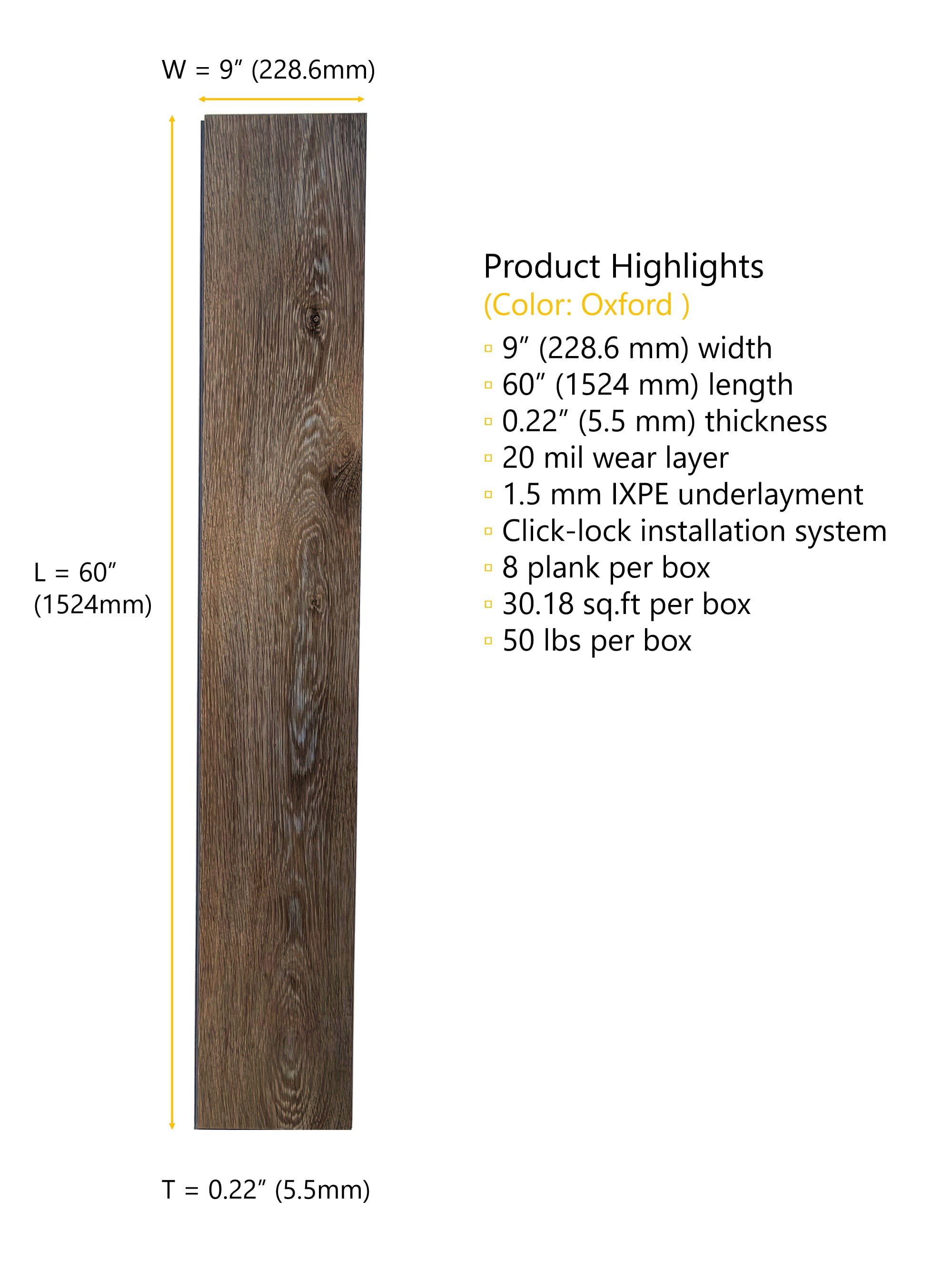 Oxford (Rustic Walnut) 20 MIL Wear Layer 5.5mm Thick x 9 in. W x 60 in. L Click Lock Waterproof Luxury Vinyl Plank Flooring with IXPE (30.18 sqft/case)