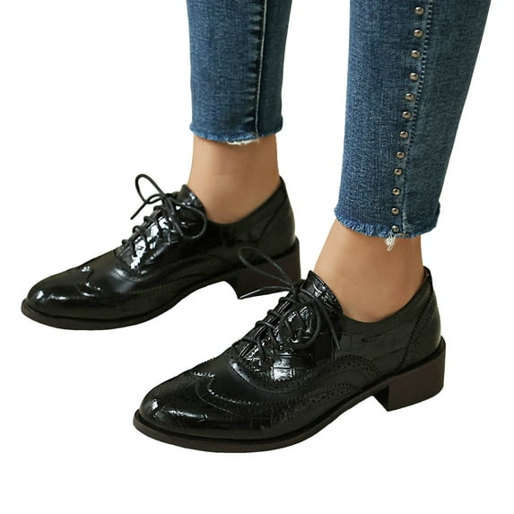 Oxford Shoes for Women Lace up Wingtip Vintage Pattern Leather Low Heel Pumps Shoes Business Work Casual Dress Shoes Black Size 8.5