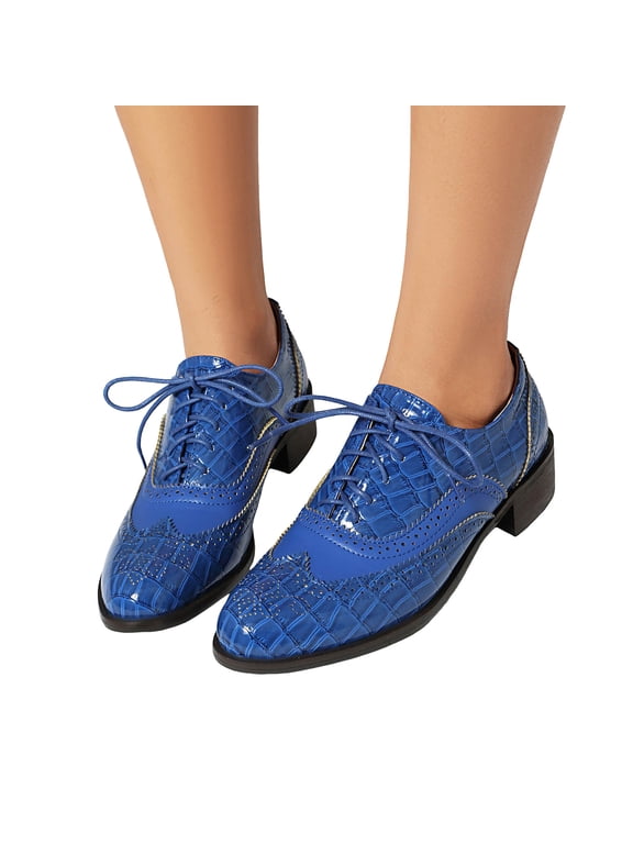 Oxford Shoes for Women Lace up Wingtip Vintage Pattern Leather Low Heel Pumps Shoes Business Work Casual Dress Shoes Blue Size 5.5