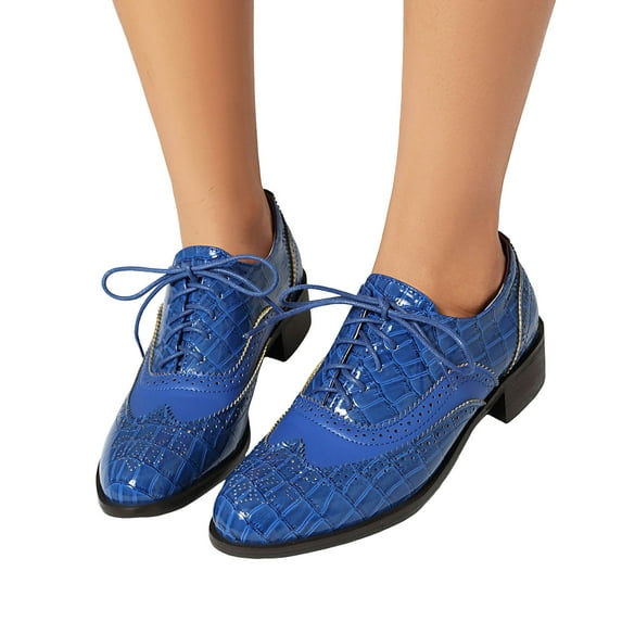 Oxford Shoes for Women Lace up Wingtip Vintage Pattern Leather Low Heel Pumps Shoes Business Work Casual Dress Shoes Blue Size 7.5