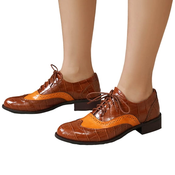 Oxford Shoes for Women Lace up Wingtip Vintage Pattern Leather Low Heel Pumps Shoes Business Work Casual Dress Shoes Brown Size 10