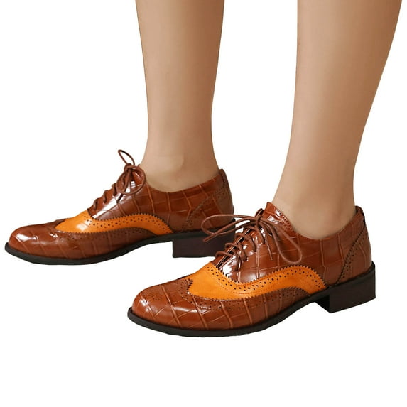 Oxford Shoes for Women Lace up Wingtip Vintage Pattern Leather Low Heel Pumps Shoes Business Work Casual Dress Shoes Brown Size 8