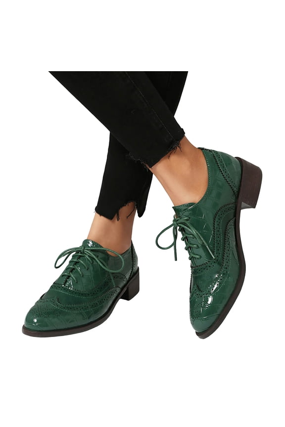 Oxford Shoes for Women Lace up Wingtip Vintage Pattern Leather Low Heel Pumps Shoes Business Work Casual Dress Shoes Green Size 7