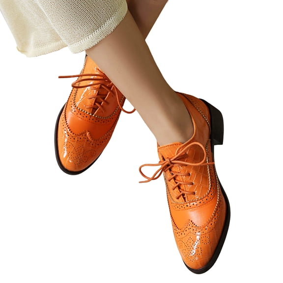 Oxford Shoes for Women Lace up Wingtip Vintage Pattern Leather Low Heel Pumps Shoes Business Work Casual Dress Shoes Orange Size 10