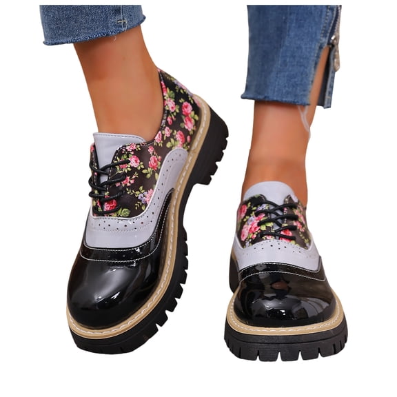 Oxford Shoes for Women Round Toe Vintage Floral Print Trendy Splice Leather Lug Sole Low Heel Lace up Dress Shoes Black Size 6