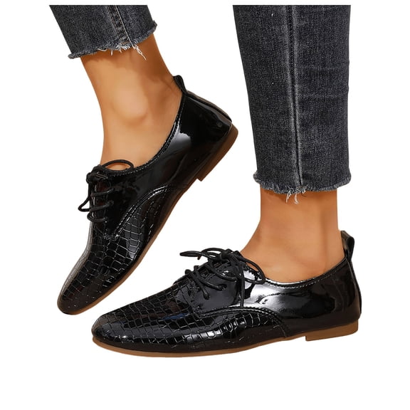 Oxford Shoes for Women Vintage Pattern Leather Lace up Business Work Dress Shoes Trendy Solid Color Flat Shoes Black Size 8