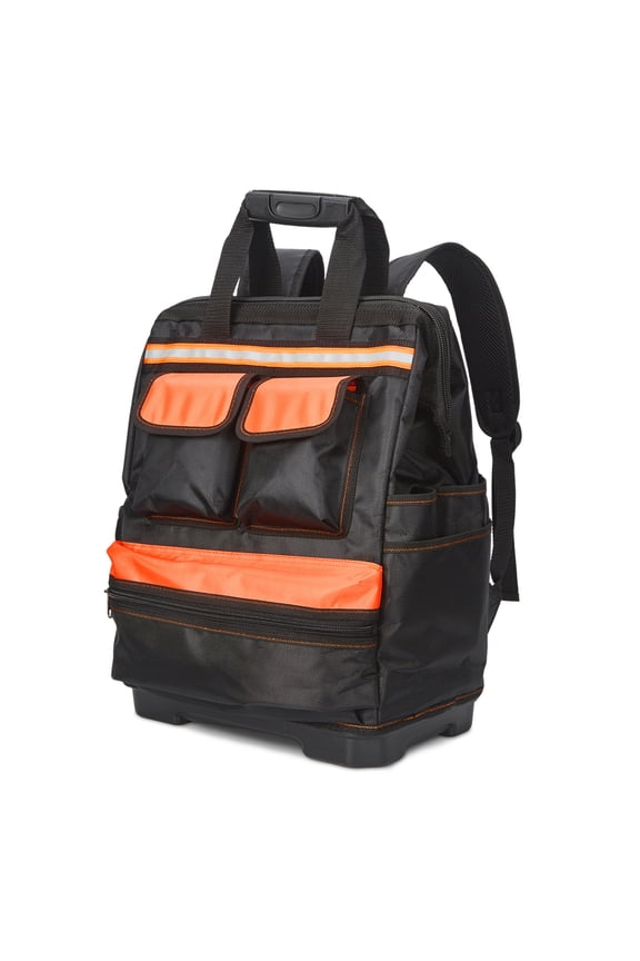 Oxford Tool Backpack – 17-Inch Heavy Duty Tool Bag with Plastic Reinforced Base, Waterproof Contractor Backpack for Electrician Carpenter Handyman, Black