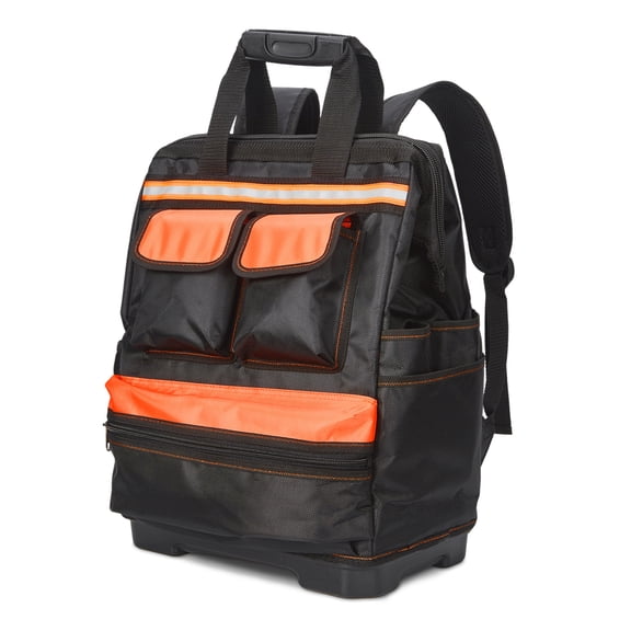 Oxford Tool Backpack – 17-Inch Heavy Duty Tool Bag with Plastic Reinforced Base, Waterproof Contractor Backpack for Electrician Carpenter Handyman, Black