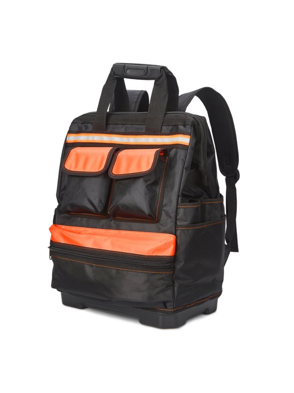 Oxford Tool Backpack – 17-Inch Heavy Duty Tool Bag with Plastic Reinforced Base, Waterproof Contractor Backpack for Electrician Carpenter Handyman, Black