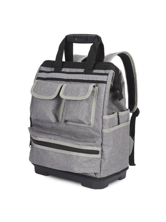Oxford Tool Backpack – 17-Inch Heavy Duty Tool Bag with Plastic Reinforced Base, Waterproof Contractor Backpack for Electrician Carpenter Handyman, Grey