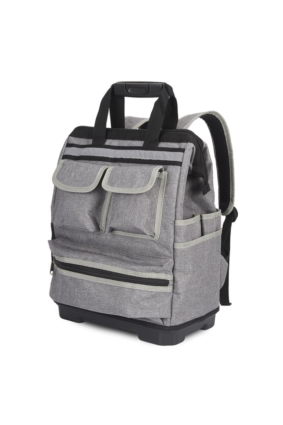 Oxford Tool Backpack – 17-Inch Heavy Duty Tool Bag with Plastic Reinforced Base, Waterproof Contractor Backpack for Electrician Carpenter Handyman, Grey