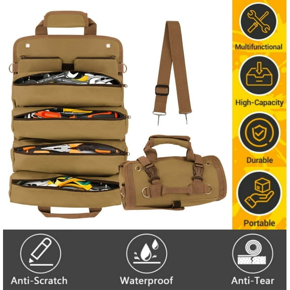 Qianwei Bag Tool Organizer Roll Up with Detachable Pockets - Portable, Small Car Tool Bag Organizer for Repairmen Mechanics and Electricians (Khaki)