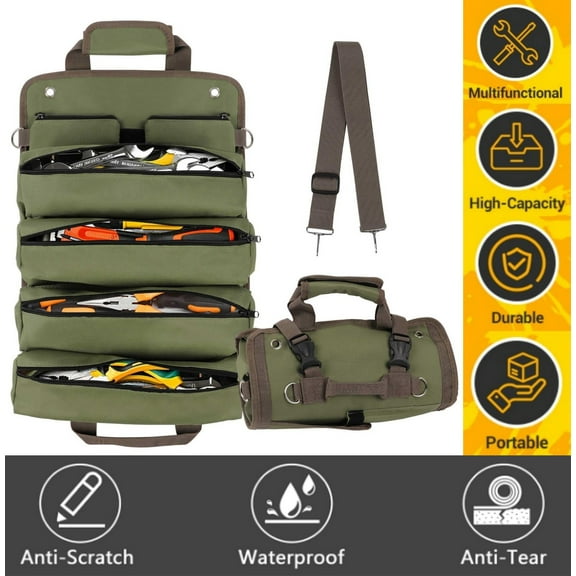 Qianwei Bag Tool Organizer Roll Up with Detachable Pockets - Portable, Small Car Tool Bag Organizer for Repairmen Mechanics and Electricians (Khaki)