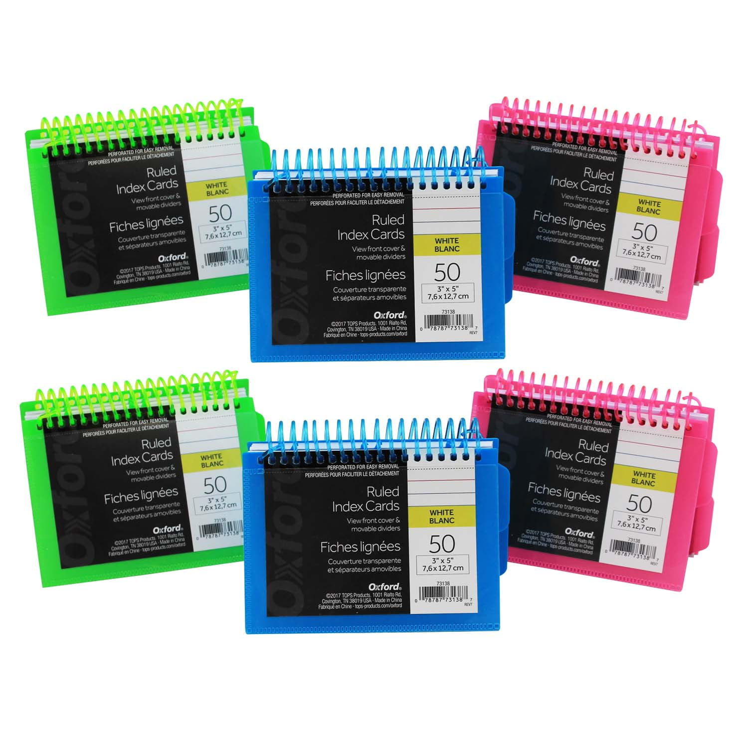 Oxford View Front Spiral Index Cards 3" x 5" Poly Cover, Pack of 6
