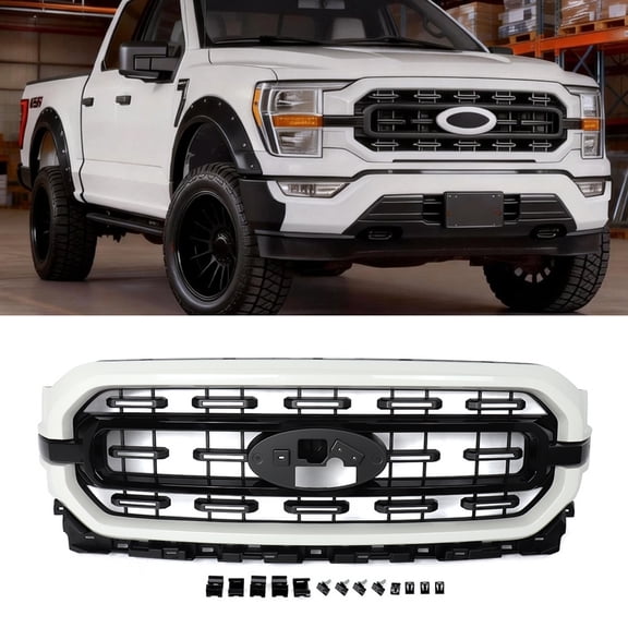 Front Upper Grille AZ Star White Metallic Grill Mesh For 2021-2023 Ford F150 F-150, No Emblem