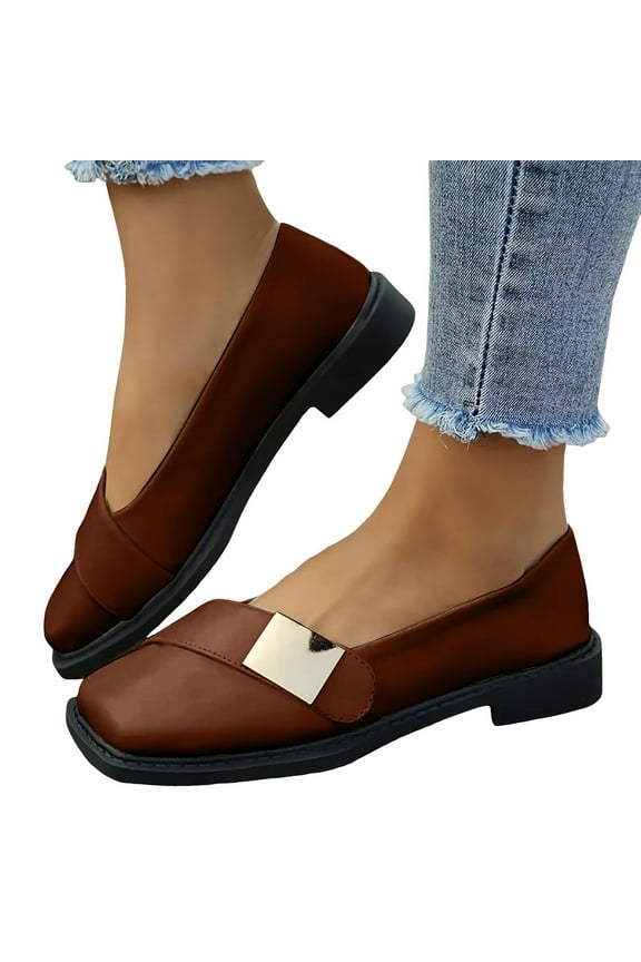 Oxfords Dress Shoes for Women Ladies Fashion Leather Square Toe Chunky Low Heels Slip on Formal Penny Loafers