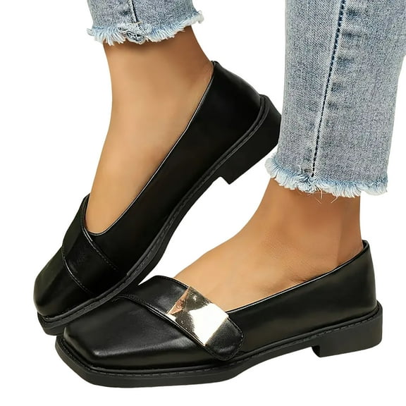 Oxfords Dress Shoes for Women Ladies Fashion Leather Square Toe Chunky Low Heels Slip on Formal Penny Loafers