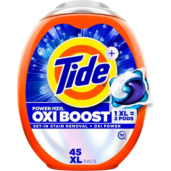 Oxi Boost Power PODS Laundry Detergent Pacs, 45 Count, Set-In Stain Removal + Oxi Power, laundry soap detergent pacs