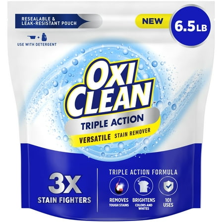 OxiClean Triple Action Versatile Stain Remover Powder, To Use with Detergent, 6.5 lbs