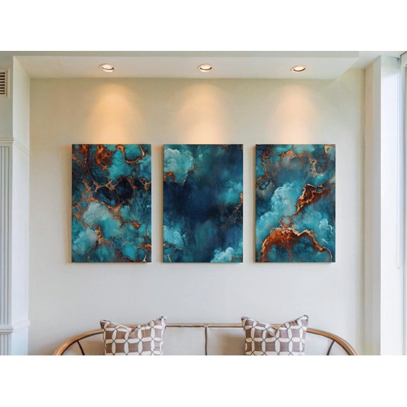 Oxidation Texture Aged Copper And Turquoise Triptych Rustic Patina Metal Industrial Gallery Set Decorative Wall Art Poster, Set 2, Poster Only