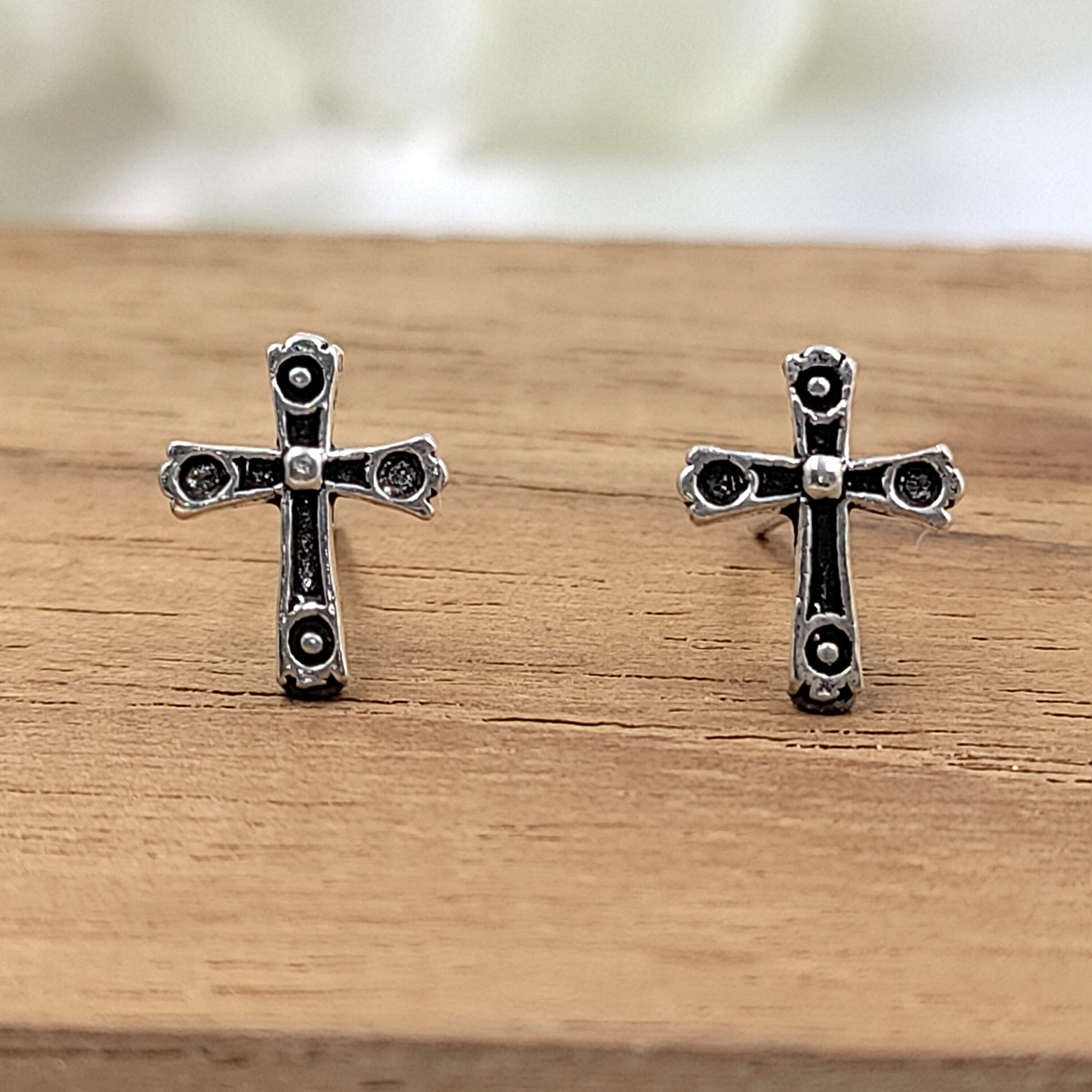 Oxidised Cross Stud Earrings for Men and Women Religious Earring