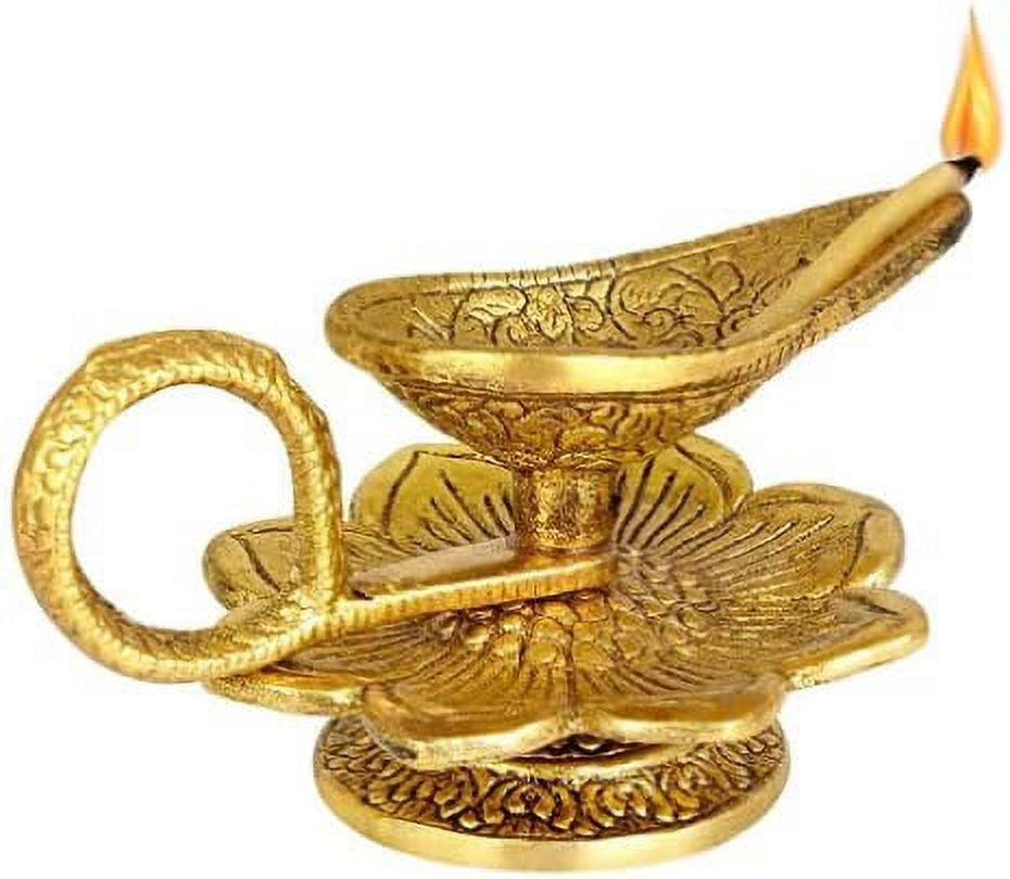 Oxidised Metal Antique Design Gold Oil Lamp With Handle/Chirag/Diya/Deepak/Dhoop Diya for Pooja (Approx. 4 x 3 inch)