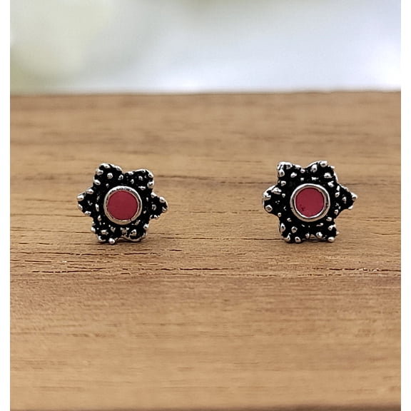 Oxidised SIlver Red Star shape Hexagon Stud Earrings Elegant Flower Stud Post Floral Handmade Gift Stud Pushback Solid 925