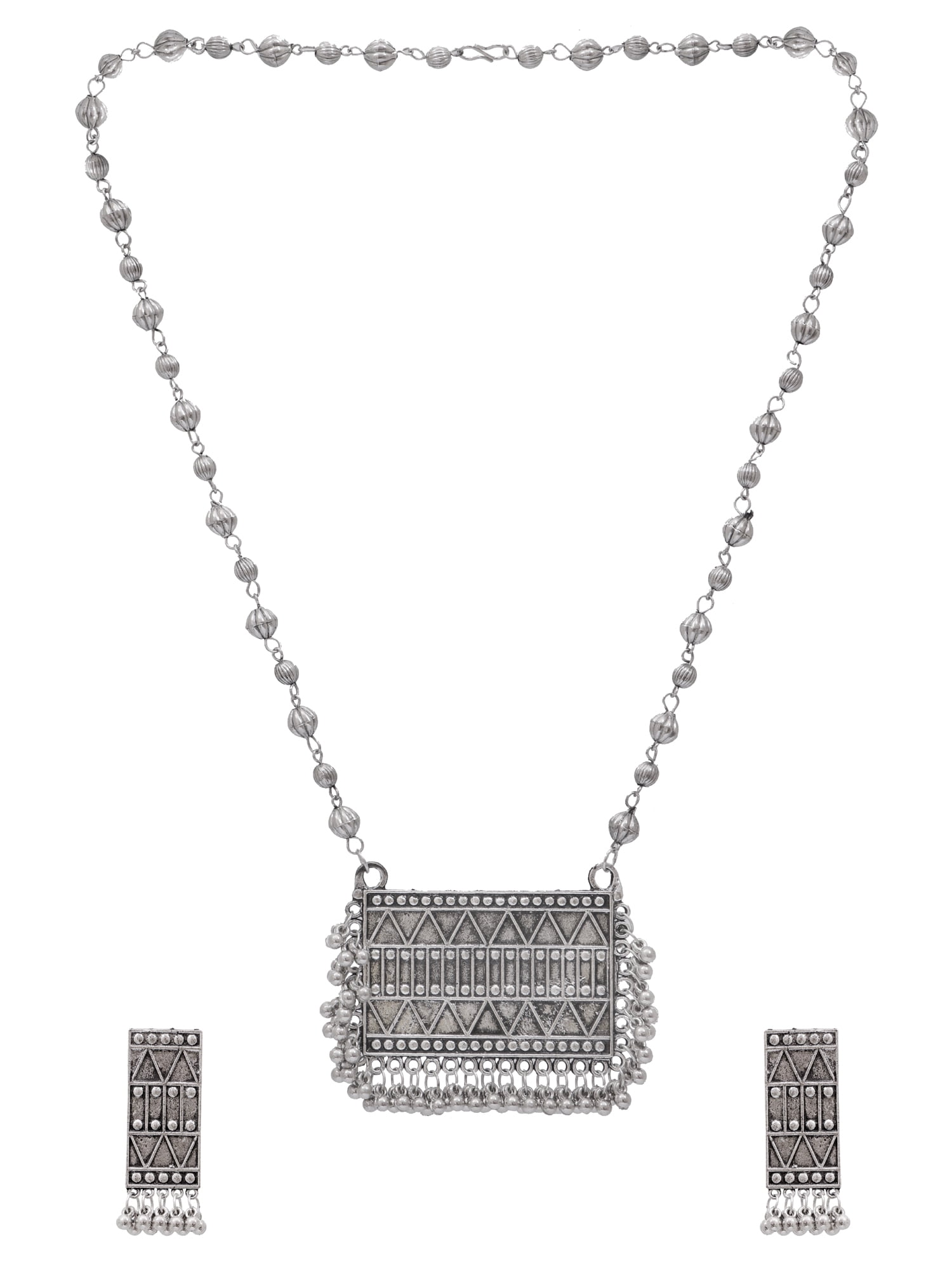 CRUNCHY FASHION Oxidised Silver Square Long Necklace Set