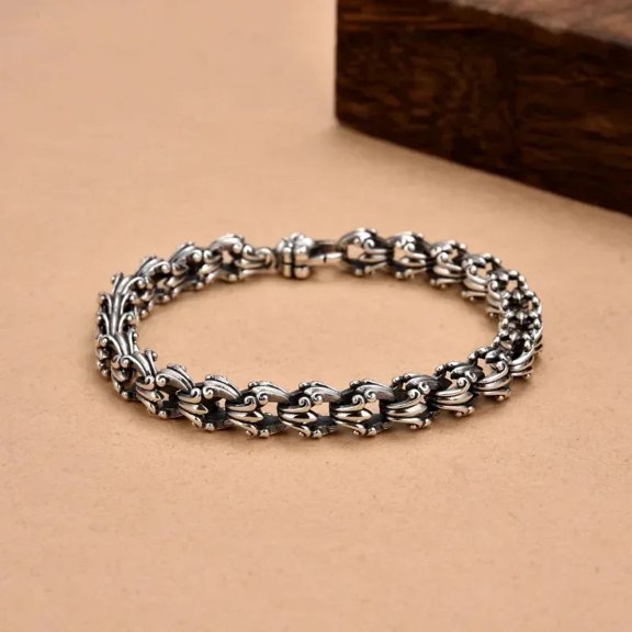 Oxidized 14K White Gold Handmade Link Chain Bracelets with Runes,Singapore Twisted Chain Men's Amulet Bracelet Jewelry