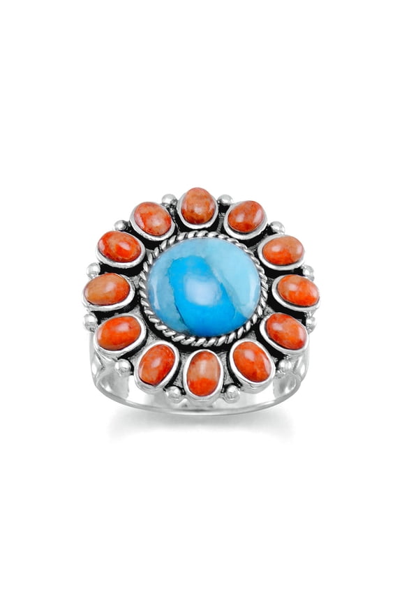 Oxidized 925 Sterling Silver Ring Simulated Turquoise Orange Coral Sunburst Design Size 8 Ring for Women