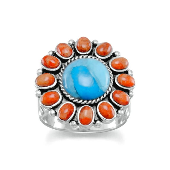 Oxidized 925 Sterling Silver Ring Simulated Turquoise Orange Coral Sunburst Design Size 8 Ring for Women