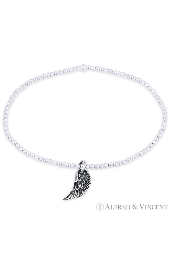 Oxidized Angel's Wing Charm & Polished Ball Bead Stretch Bracelet in .925 Sterling Silver