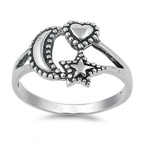 Oxidized Beaded Heart Moon Star Good Luck Ring Sterling Silver Band 925 Jewelry Female Male Size 5