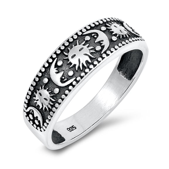 Oxidized Beaded Sun Crescent Moon Ring .925 Sterling Silver Band Jewelry Female Male Unisex Size 5