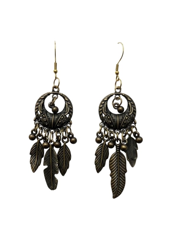 QRIXLOOM Oxidized Brass Floral Feather Earrings Antique Finish Boho Statement Jewelry for Women
