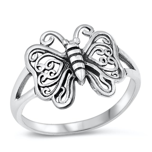 Oxidized Butterfly Filigree Heart Wings Ring 925 Sterling Silver Band Jewelry Female Male Size 4