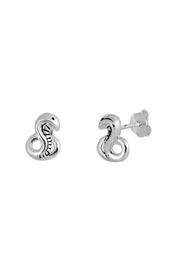 Oxidized Cobra Coiled Snake High Polish .925 Sterling Silver Animal Stud Earrings Jewelry Female