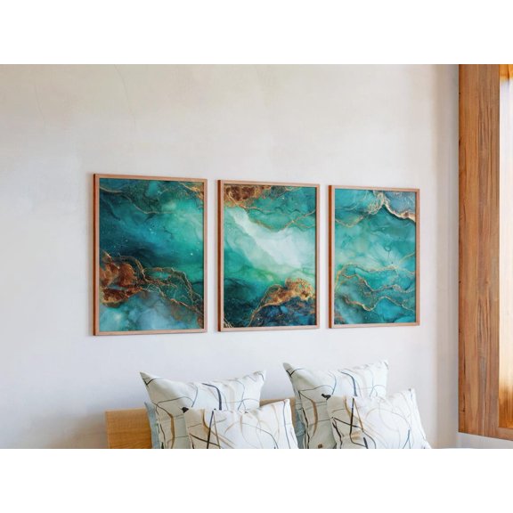 Oxidized Copper Prints Set Of 3, Modern Teal Rust New Home Wall Art