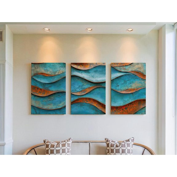 Oxidized Copper Seascape Wall Art Print Set Of 3, Teal Rust Patina Wave Decor