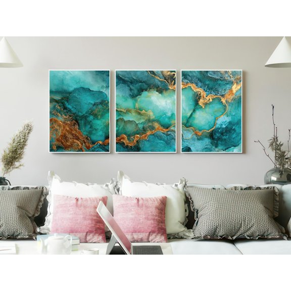 Oxidized Copper Wall Art Print Set Of 3, Teal Rust Metallic Bronze Decor