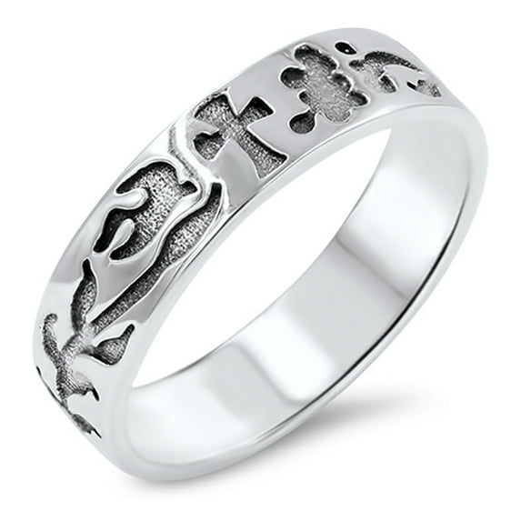 Oxidized Cross Dove Vineyard Etched Ring 925 Sterling Silver Band Jewelry Female Male Unisex Size 8