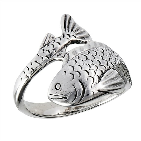 Oxidized Detailed Fish Wrap Animal Ring .925 Sterling Silver Band Jewelry Female Male Unisex Size 9