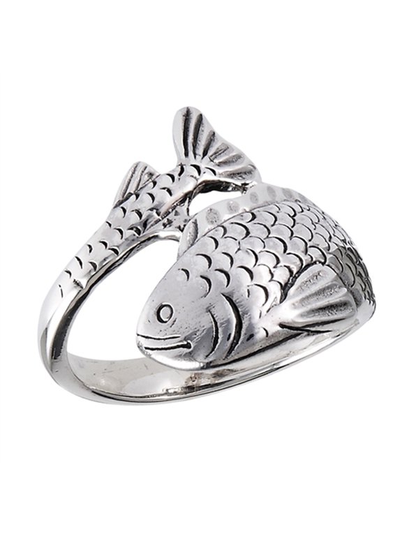 Oxidized Detailed Fish Wrap Animal Ring .925 Sterling Silver Band Jewelry Female Male Unisex Size 9