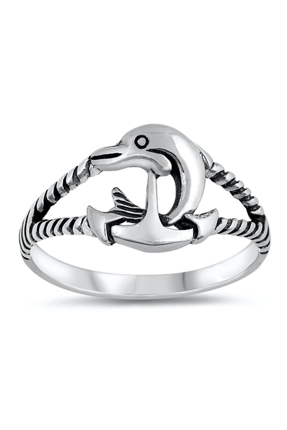 Oxidized Dolphin Anchor Marine Sailor Ring .925 Sterling Silver Band Jewelry Female Male Size 10