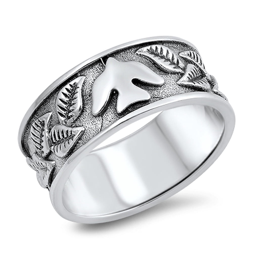 Oxidized Dove Leaf Christian Savior Ring 925 Sterling Silver Band ...