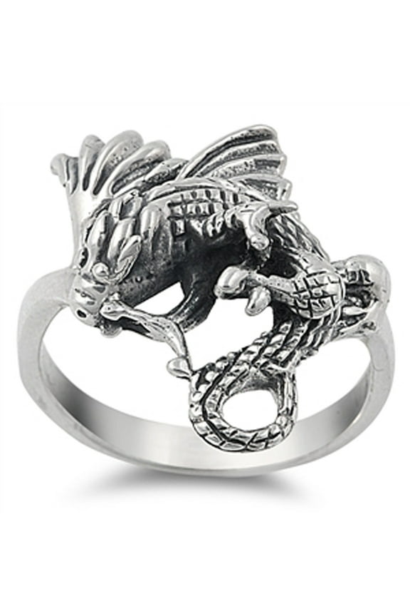 Oxidized Dragon Mystical Fantasy Animal Ring ( Sizes 5 6 7 8 9 10 11 12 13 14 ) 925 Sterling Silver Band Rings (Size 5)