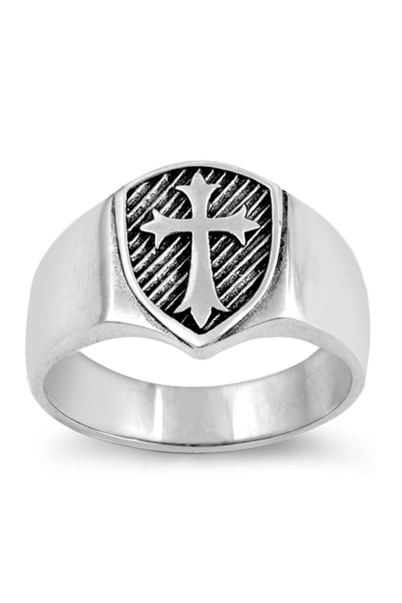 Oxidized Etched Cross Medieval Shield Ring .925 Sterling Silver Band Jewelry Female Male Size 12