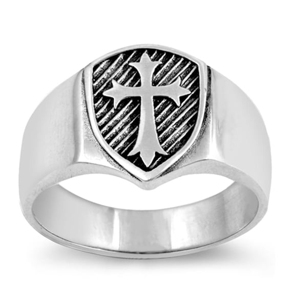 Oxidized Etched Cross Medieval Shield Ring .925 Sterling Silver Band Jewelry Female Male Size 13