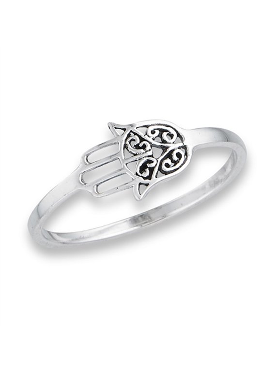 Oxidized Filigree Hamsa Hand of God Ring Sterling Silver Sideways Band 925 Jewelry Female Size 8