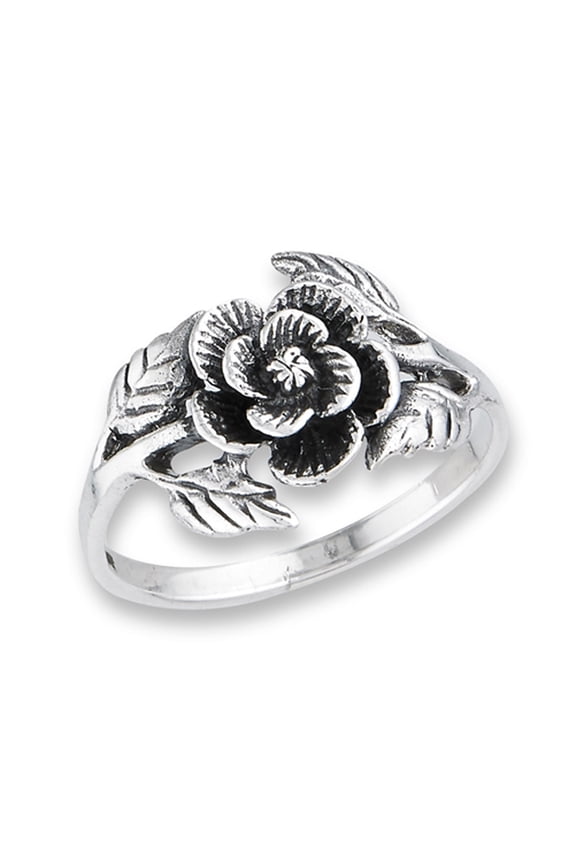 Oxidized Flower Leaf Rose Vintage Ring Sterling Silver Band 925 Jewelry Female Male Unisex Size 8